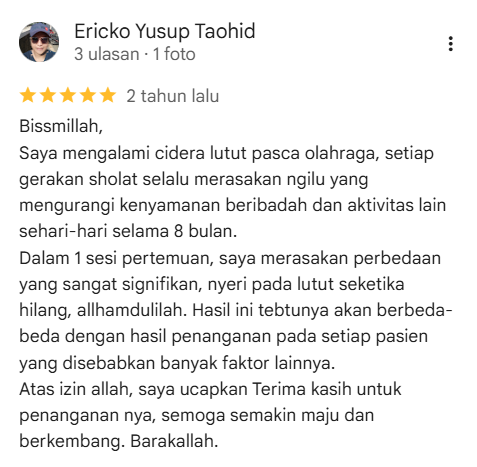 Ulasan Google Maps Ericko Yusup Taohid tentang terapi cedera lutut setelah olahraga di Garuda Massage
