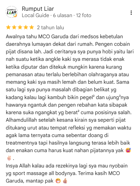 Ulasan Google Maps Garuda Massage oleh Rumput Liar